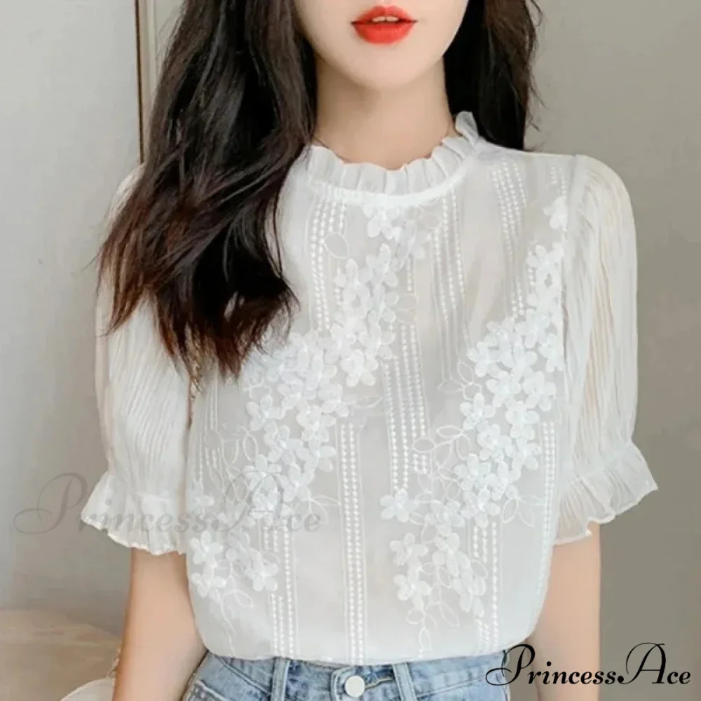 Delicate Chiffon Short Sleeve Embroidered Blouse - Image 3
