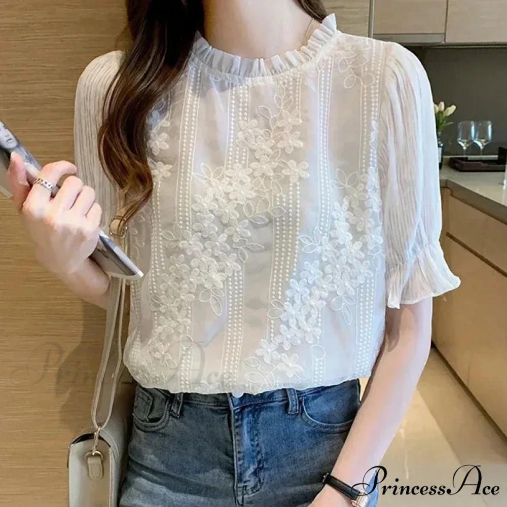 Delicate Chiffon Short Sleeve Embroidered Blouse - Image 4