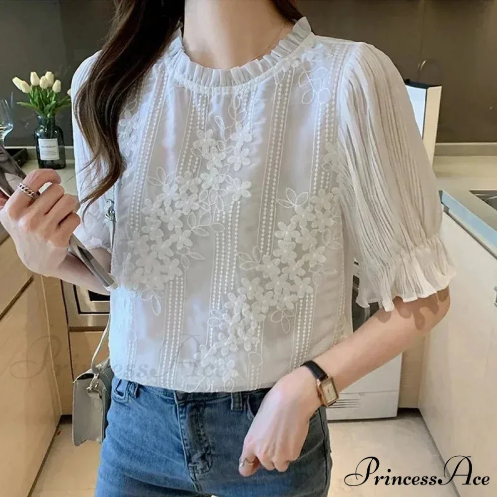 Delicate Chiffon Short Sleeve Embroidered Blouse - Image 5