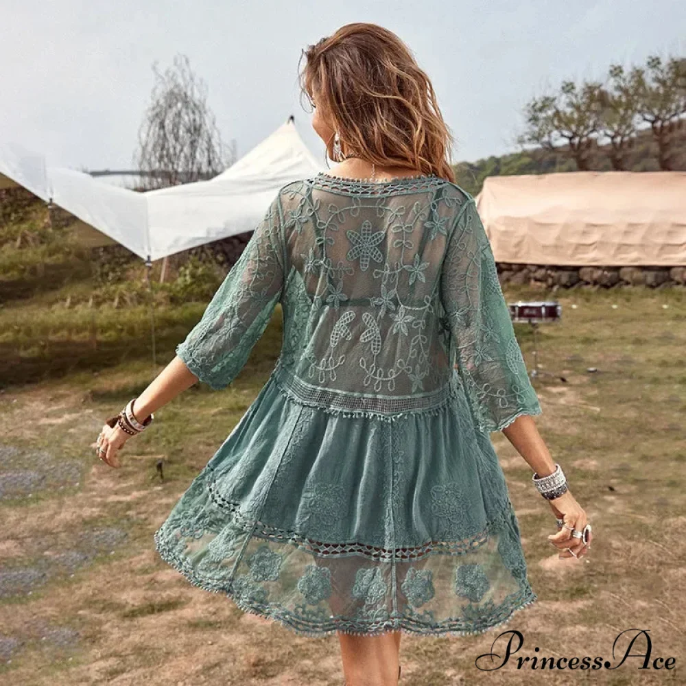 Delicate Deep Plunge Botanical Stitching Bohemian Wrap - Image 3