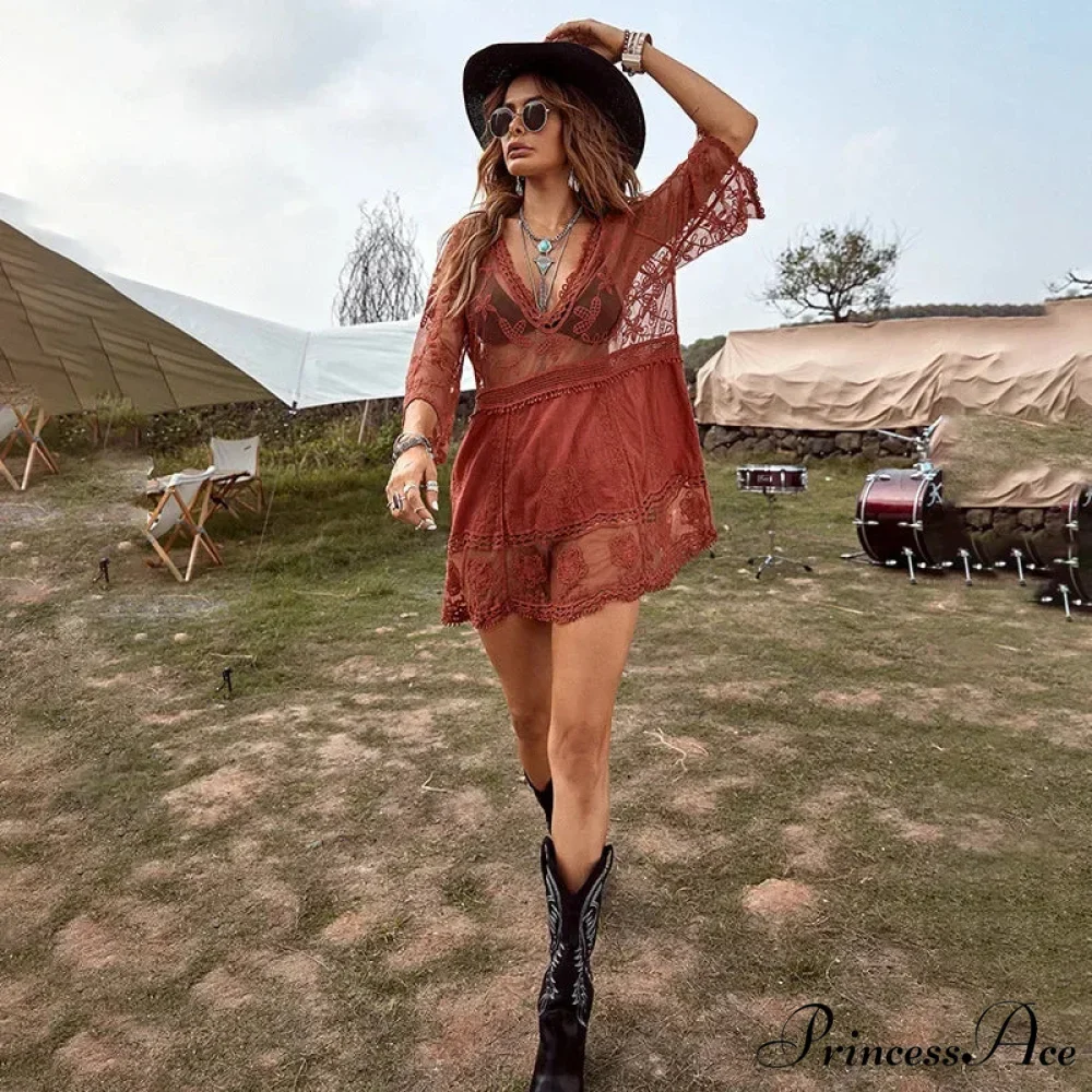 Delicate Deep Plunge Botanical Stitching Bohemian Wrap - Image 6