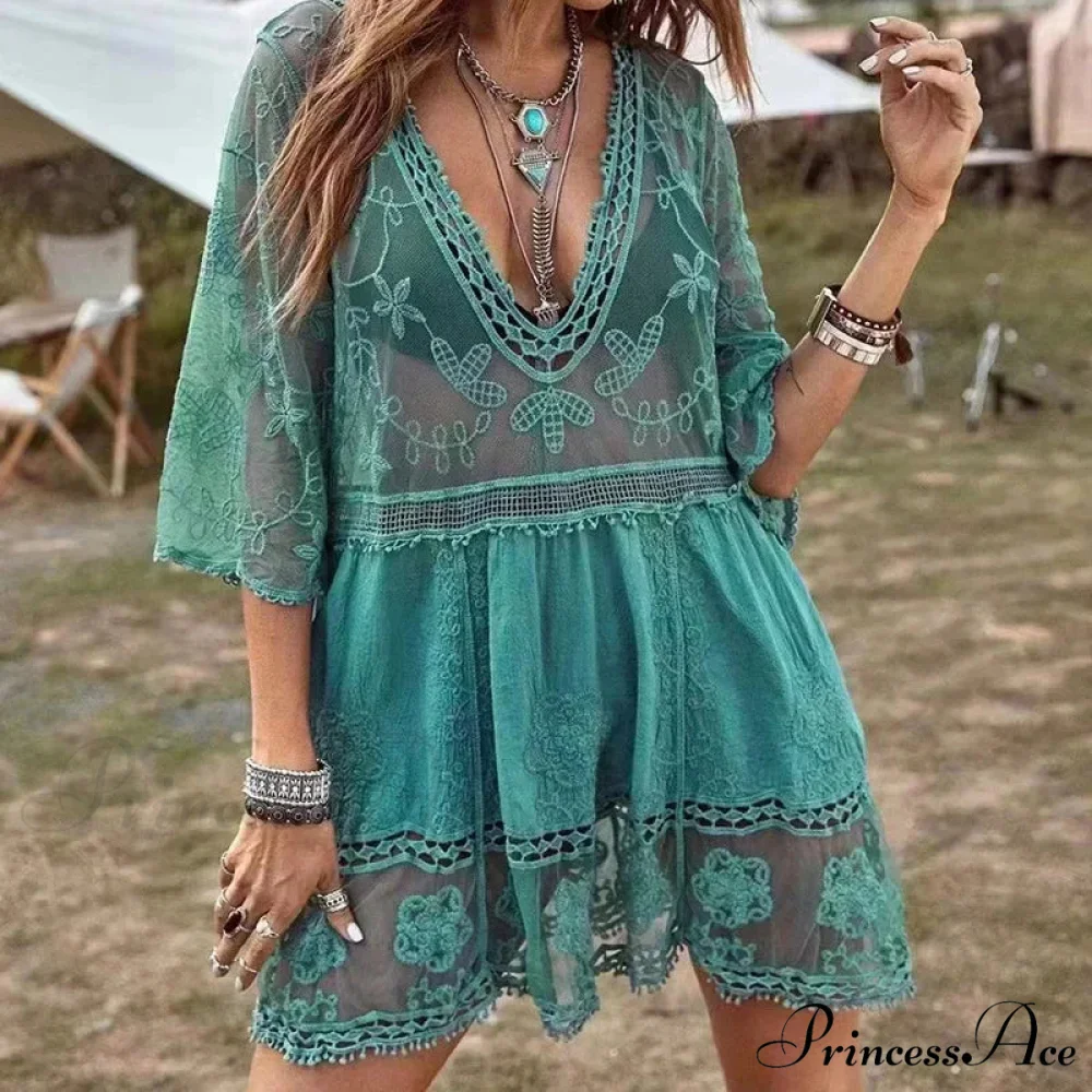 Delicate Deep Plunge Botanical Stitching Bohemian Wrap - Image 7
