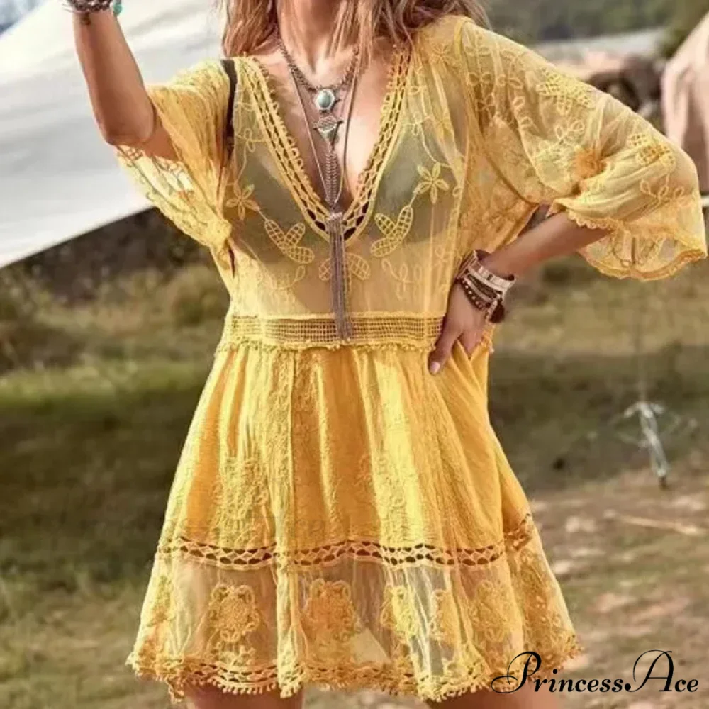 Delicate Deep Plunge Botanical Stitching Bohemian Wrap - Image 9