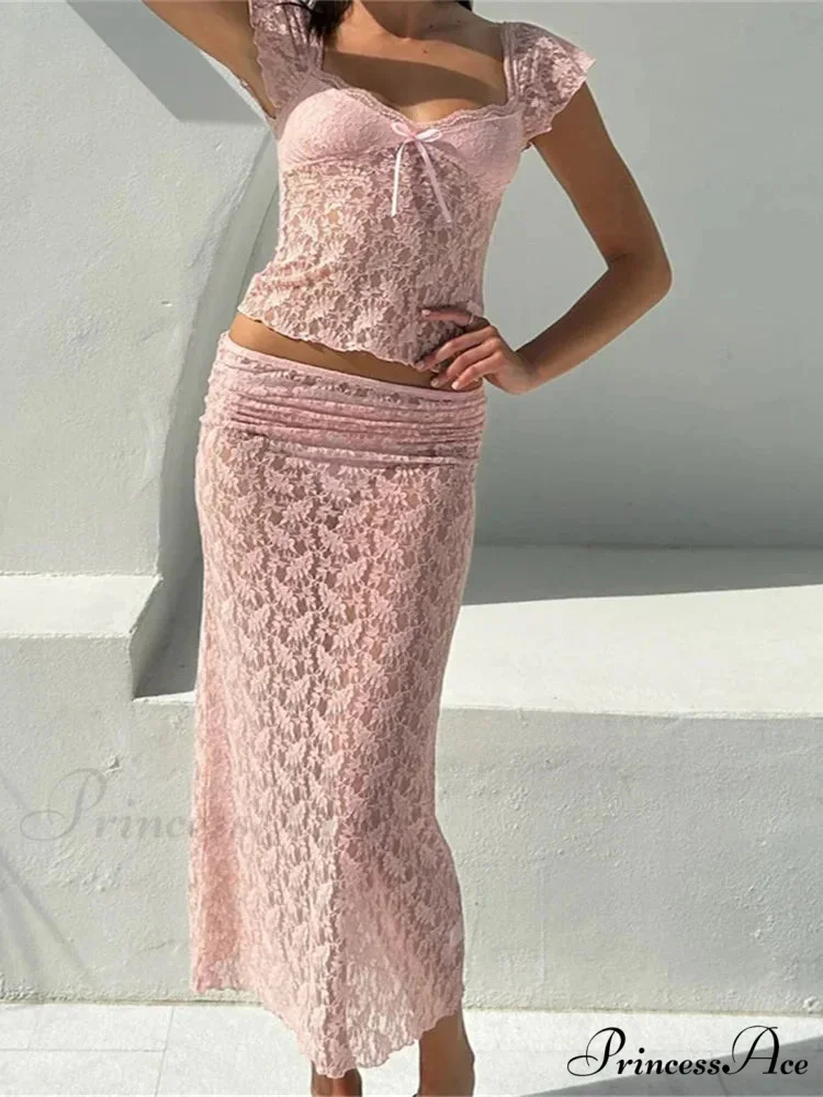 Delicate Short Sleeve V-neck T-shirt and Long Skirt Set - Image 5