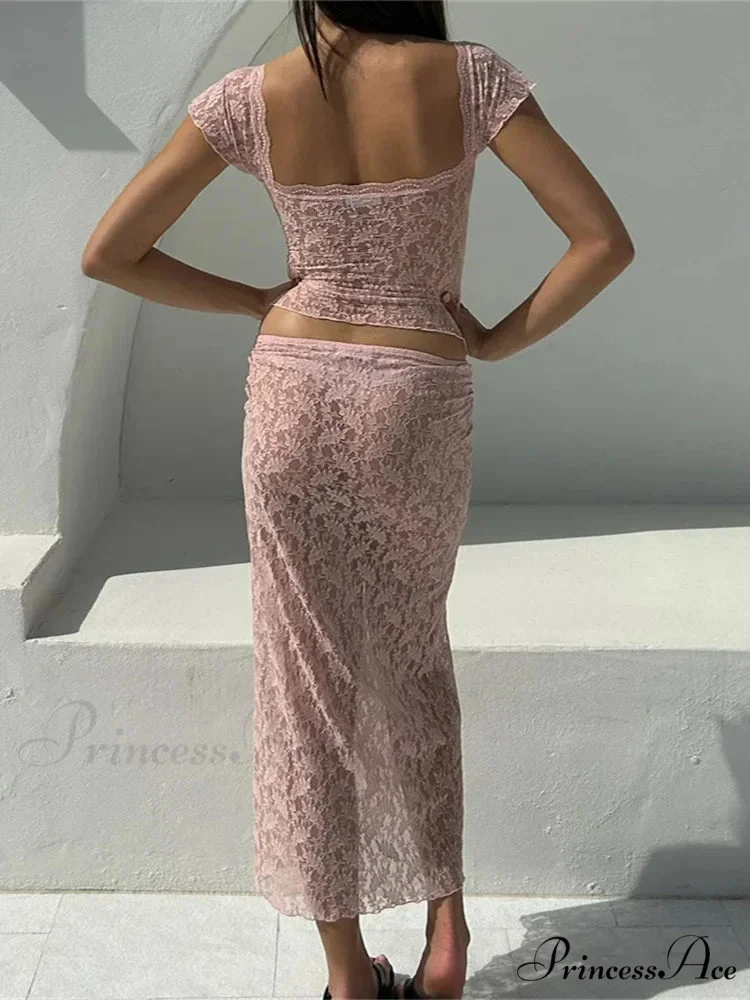 Delicate Short Sleeve V-neck T-shirt and Long Skirt Set - Image 6
