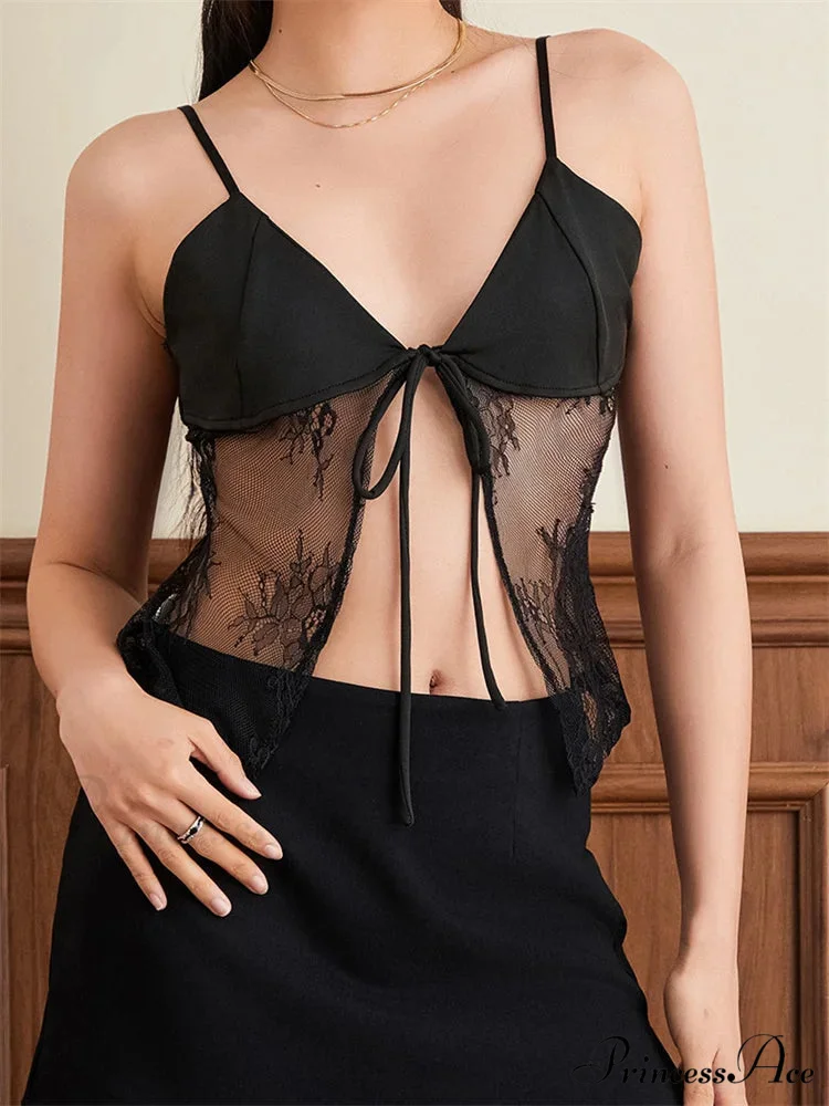 Delicate Thin Strap Divided Sheer Midriff Top - Image 3