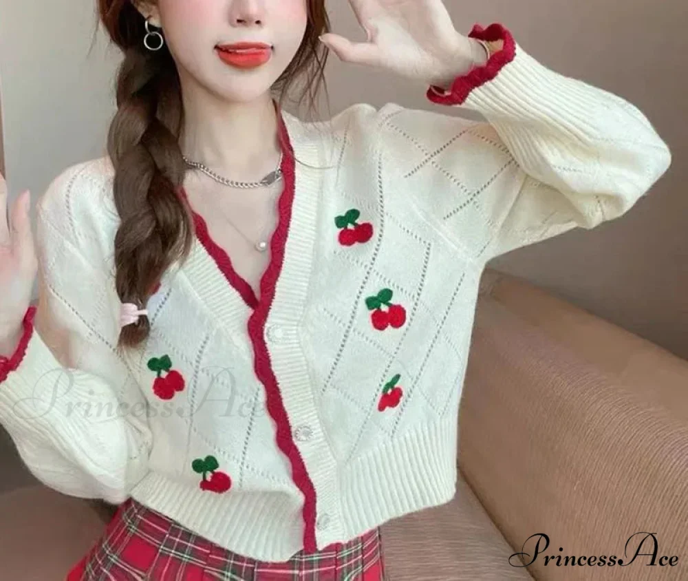 Delightful Cherry Button-Up Patchwork Knit Cardigan - Image 2