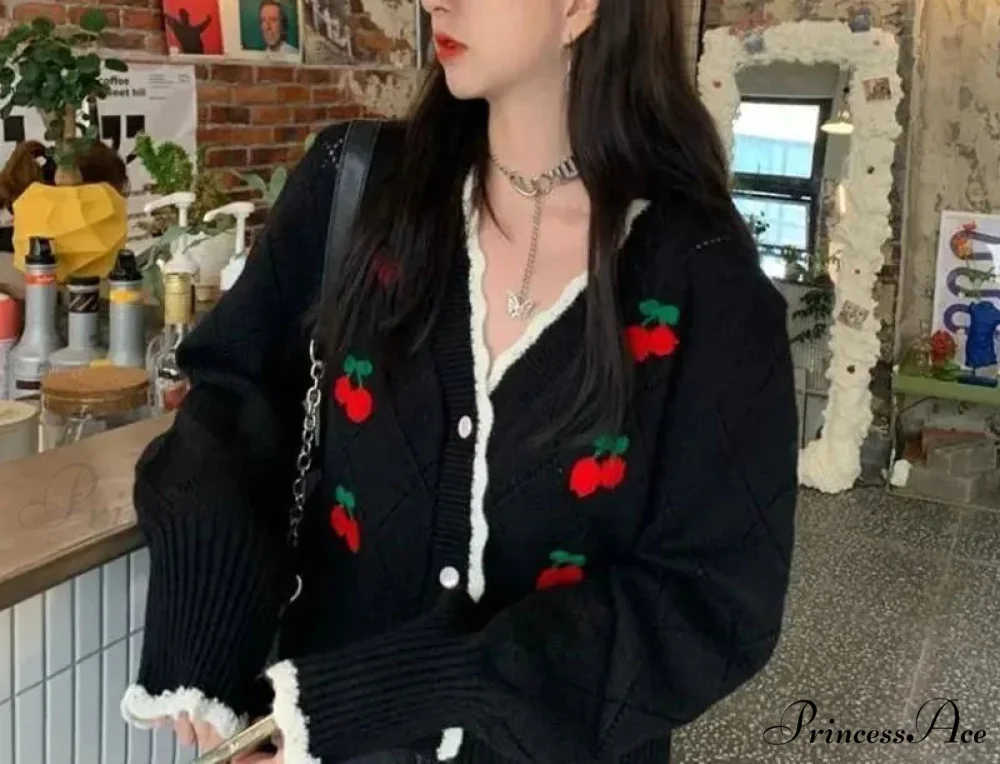 Delightful Cherry Button-Up Patchwork Knit Cardigan - Image 5