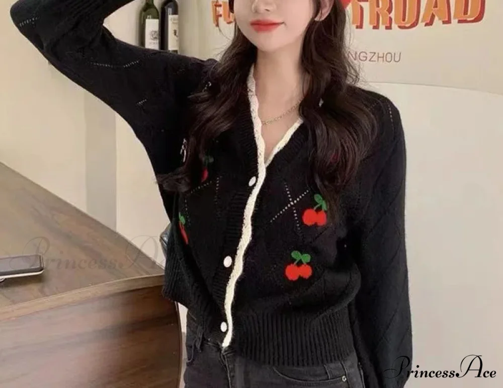 Delightful Cherry Button-Up Patchwork Knit Cardigan - Image 6