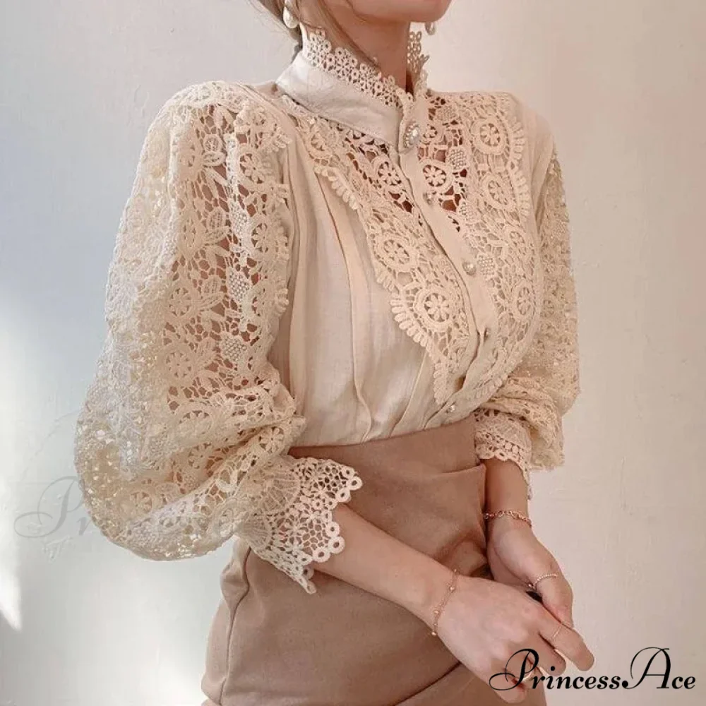 Delightful Hollow Lace Patchwork Button Ivory Blouse - Image 2