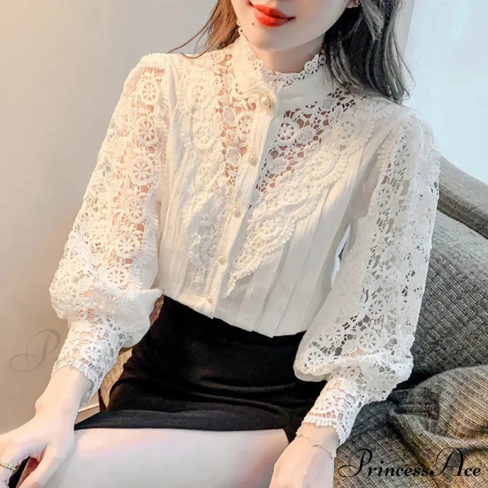Delightful Hollow Lace Patchwork Button Ivory Blouse - Image 3