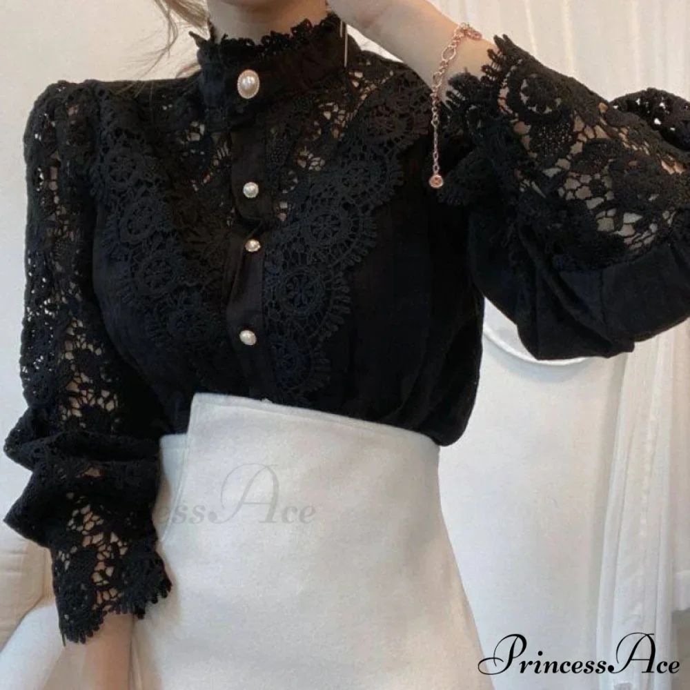 Delightful Hollow Lace Patchwork Button Ivory Blouse - Image 4