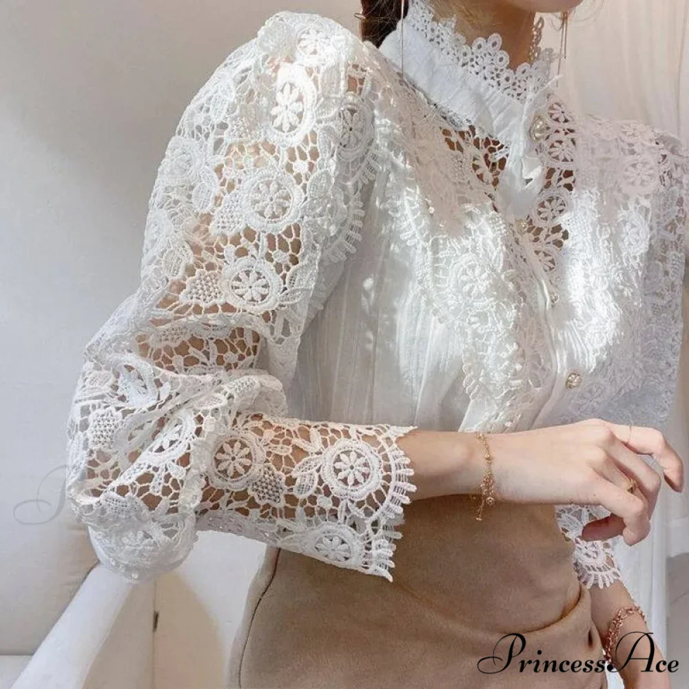 Delightful Hollow Lace Patchwork Button Ivory Blouse - Image 5