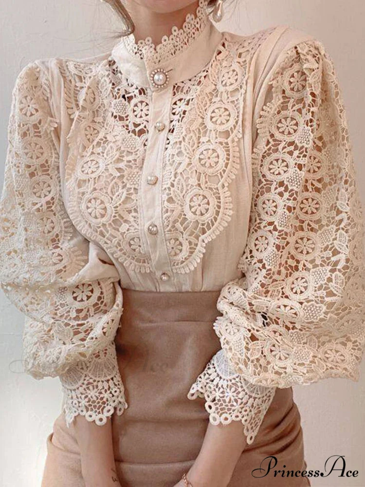 Delightful Hollow Lace Patchwork Button Ivory Blouse - Image 6