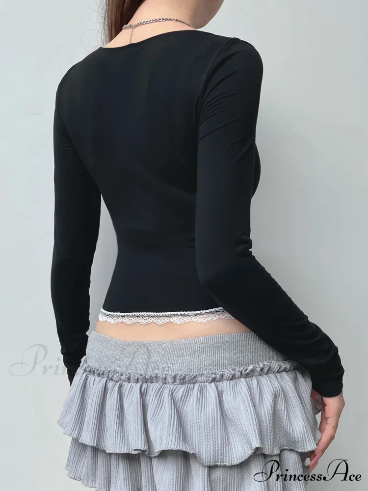 Delightful Lace Trim Cropped Square Collar Long Sleeve Knit Top - Image 3