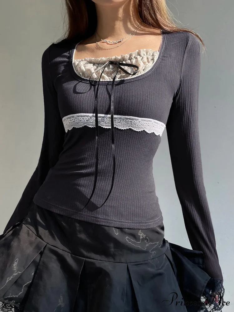 Delightful Patchwork Lace Trim Sleek Bow O-Neck Knit Top - Image 2