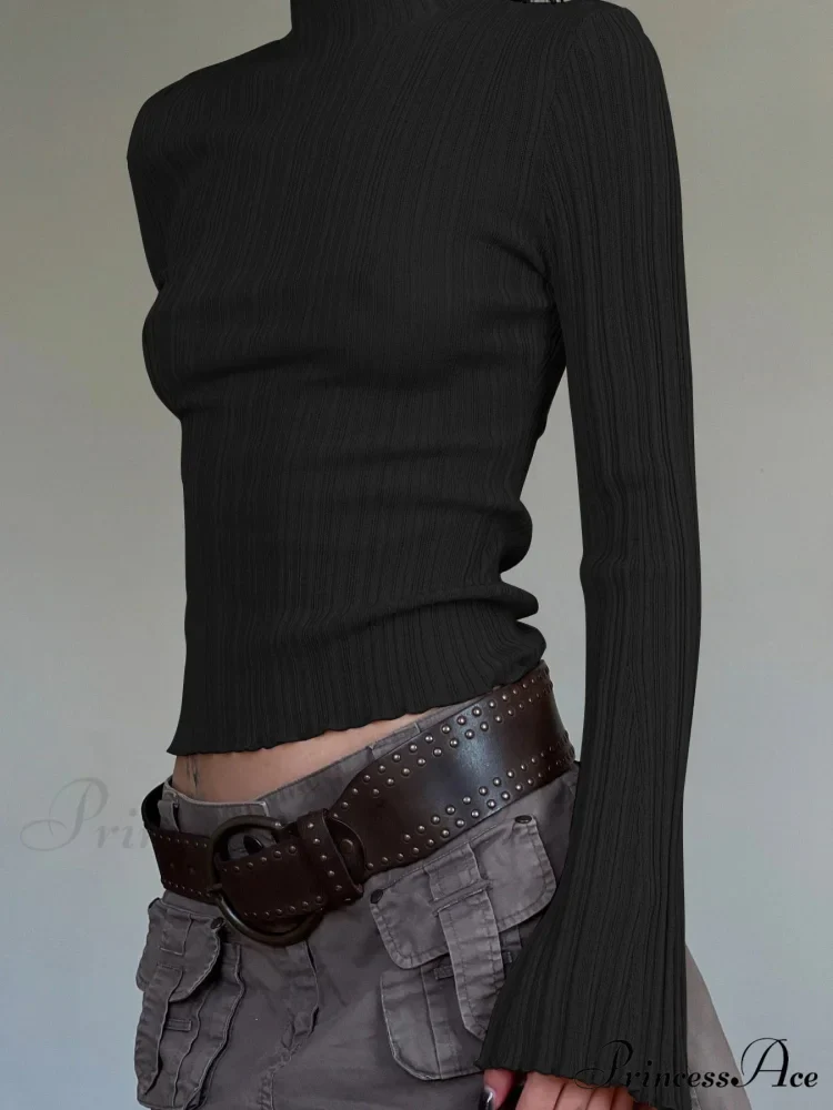 Dense Turtleneck Sleek Flare Sleeve Extended Sleeve Knit Top - Image 2
