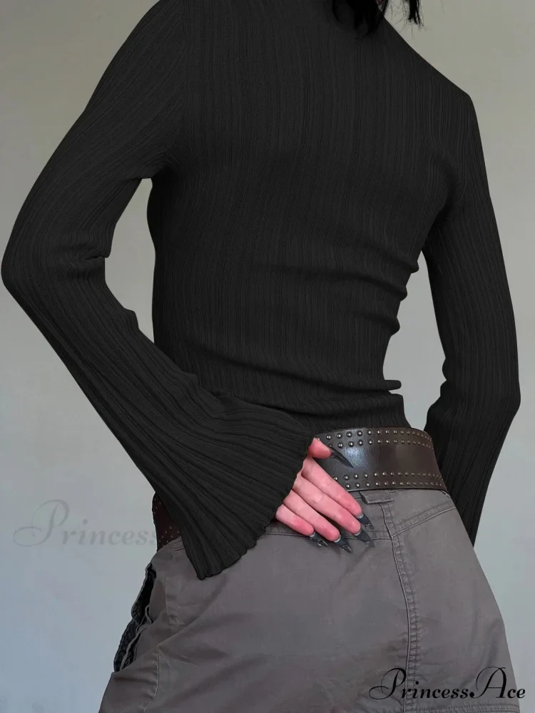 Dense Turtleneck Sleek Flare Sleeve Extended Sleeve Knit Top - Image 3