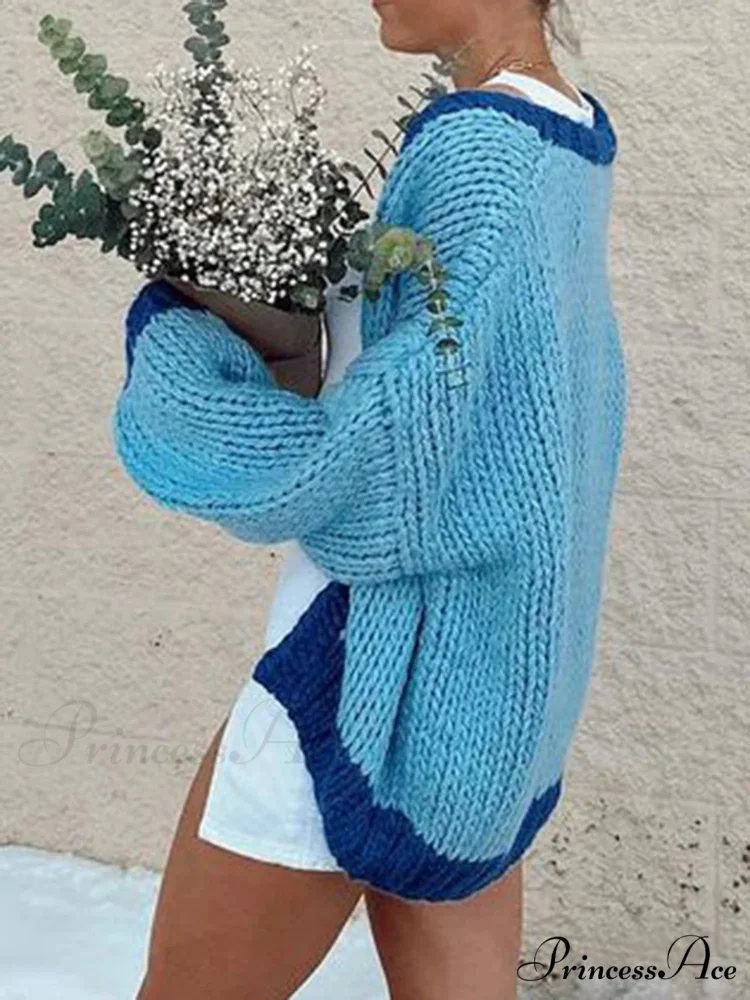 Different Color Open Front Baggy Knit Cardigan - Image 4