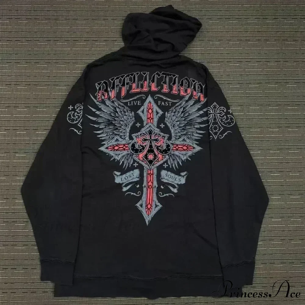 Distress Gothic Cranium Zipper Hoodie - Image 10