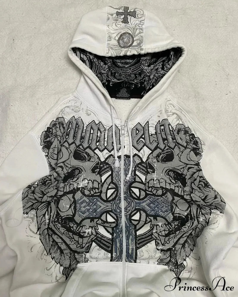 Distress Gothic Cranium Zipper Hoodie - Image 2