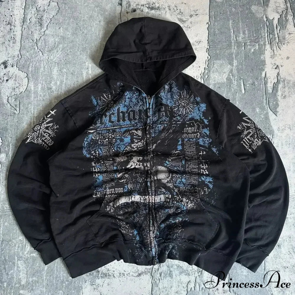 Distress Gothic Cranium Zipper Hoodie - Image 7