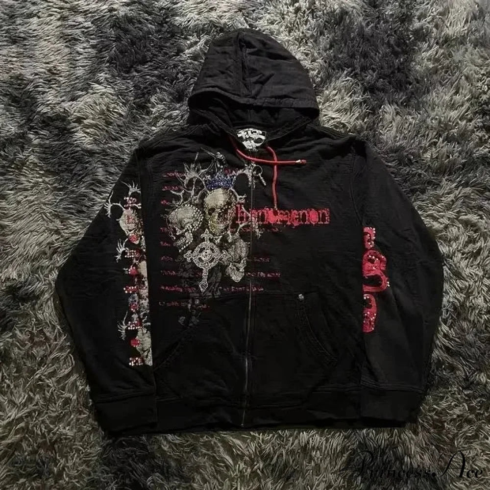 Distress Gothic Cranium Zipper Hoodie - Image 8