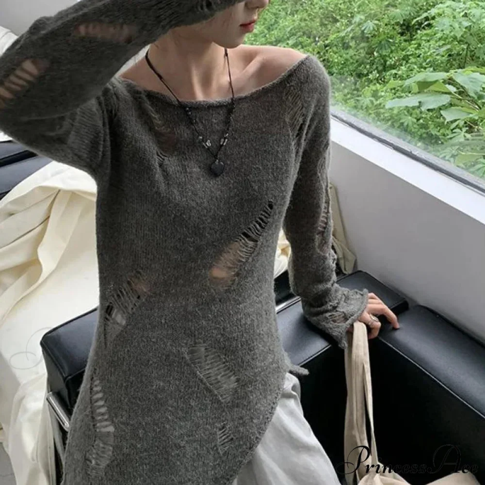 Distressed Hollow Out Knitted Jumper Trim Thin Pullover Knit Top - Image 2