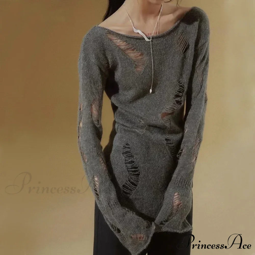 Distressed Hollow Out Knitted Jumper Trim Thin Pullover Knit Top - Image 3
