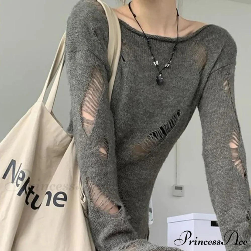 Distressed Hollow Out Knitted Jumper Trim Thin Pullover Knit Top - Image 4