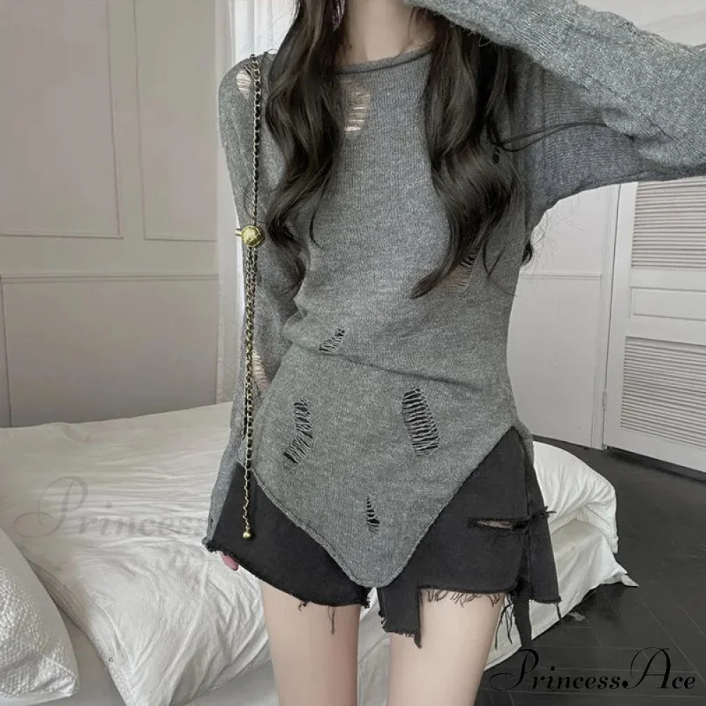 Distressed Hollow Out Knitted Jumper Trim Thin Pullover Knit Top - Image 5