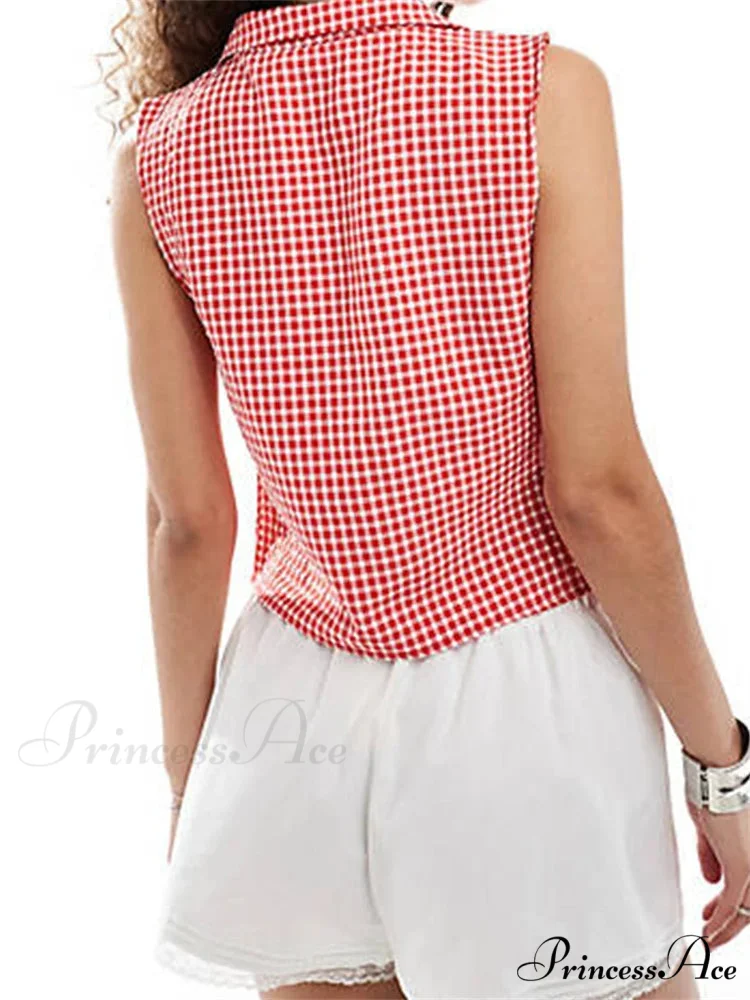 Divided Fasten Plaid Lapel Collar Tank Crop Top - Image 2