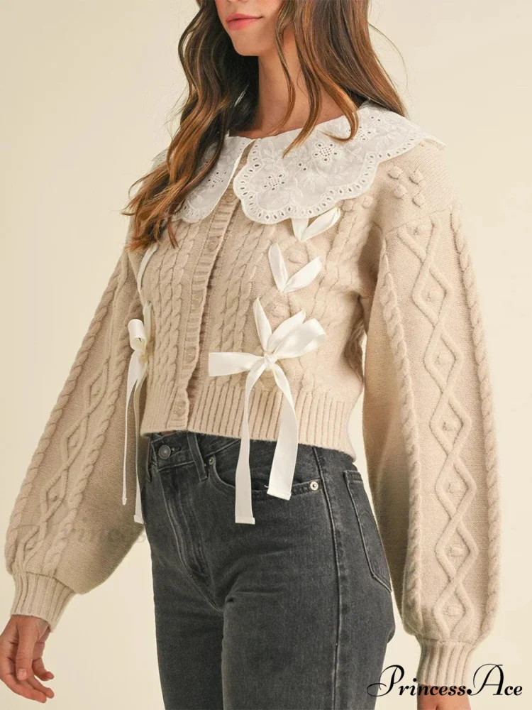 Doll Collar Tie-Up Lengthy Sleeve Knit Cardigan - Image 2