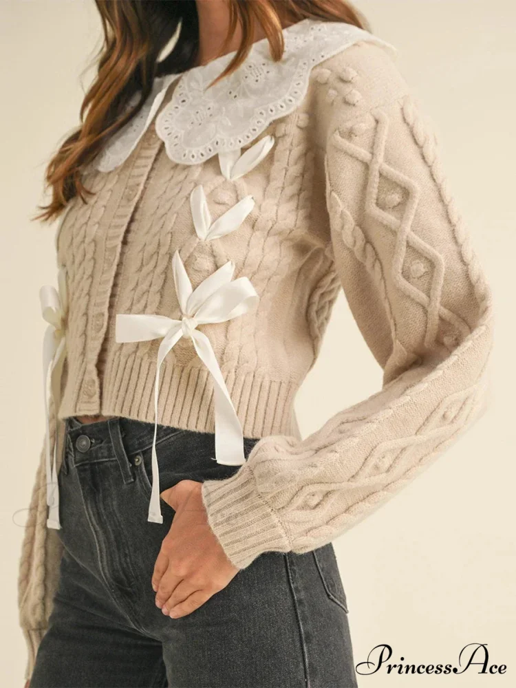 Doll Collar Tie-Up Lengthy Sleeve Knit Cardigan - Image 3