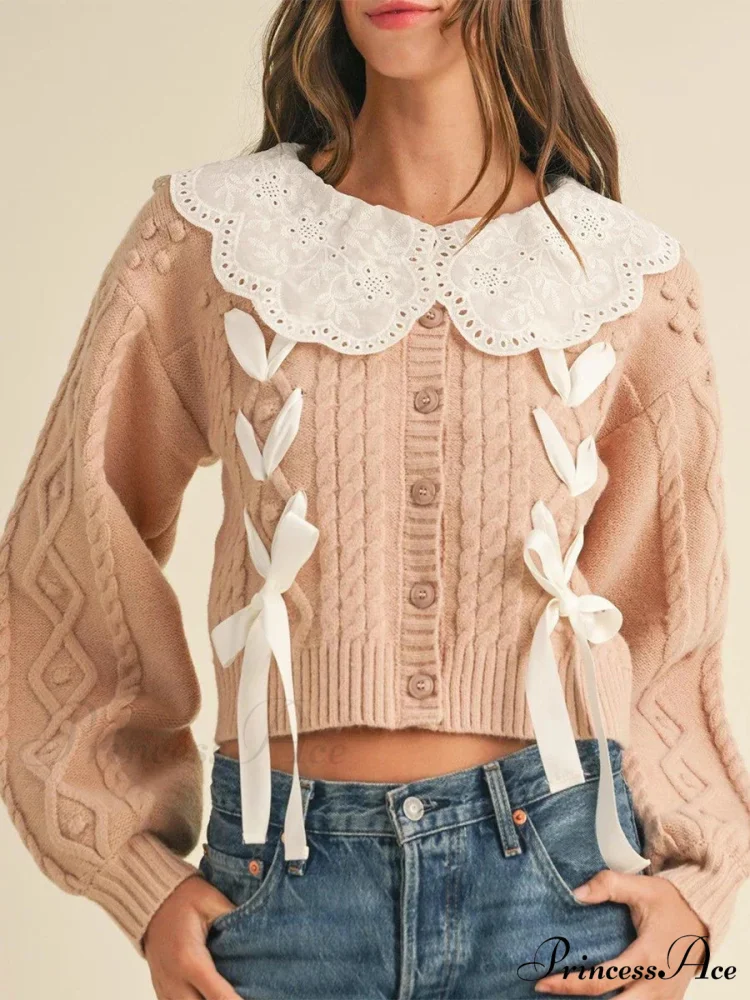 Doll Collar Tie-Up Lengthy Sleeve Knit Cardigan - Image 5
