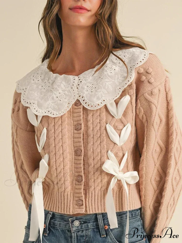 Doll Collar Tie-Up Lengthy Sleeve Knit Cardigan - Image 6