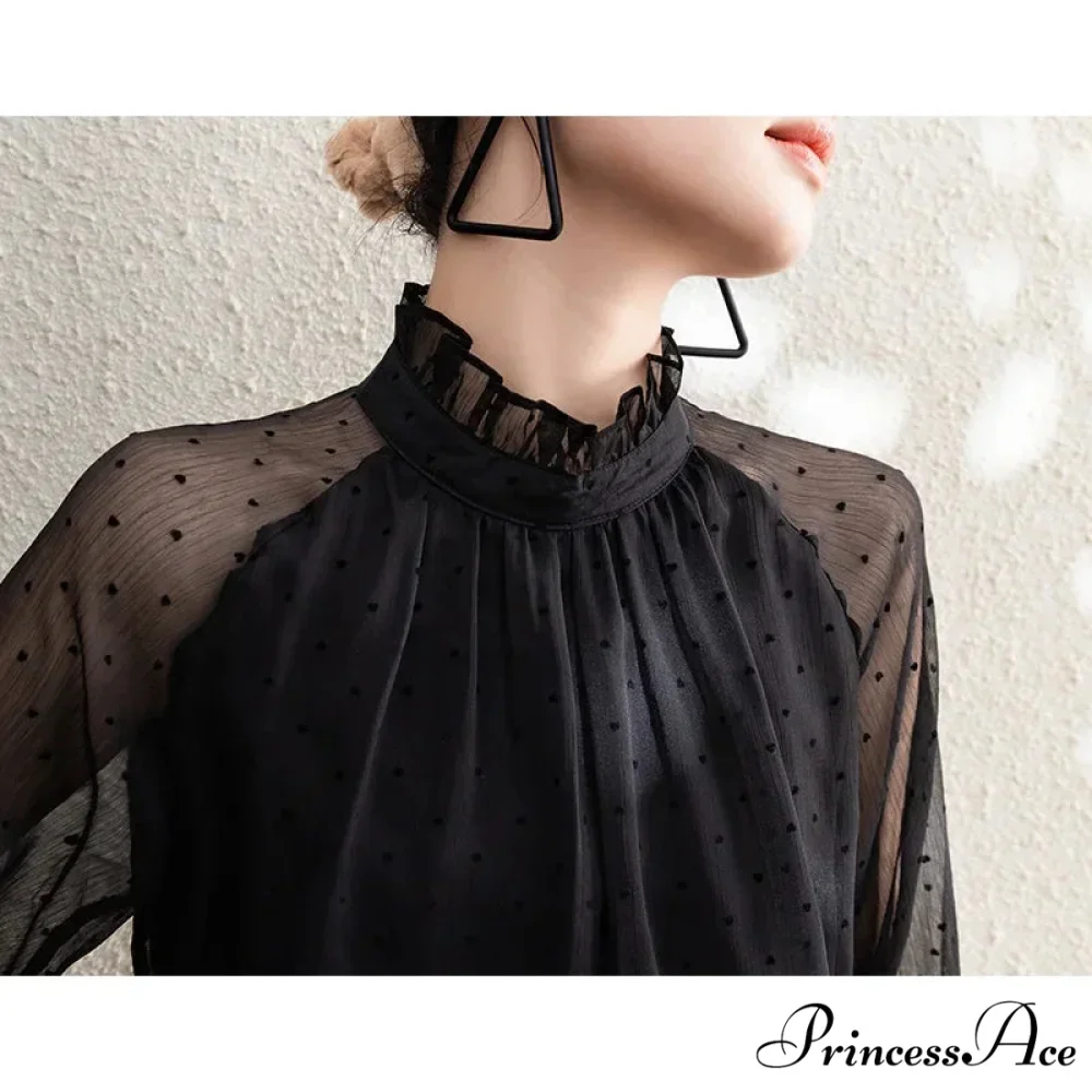 Dotted Chiffon High Neck Fall Blouse - Image 2