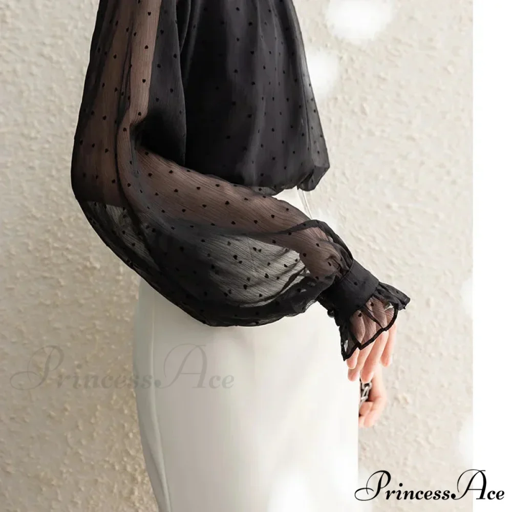 Dotted Chiffon High Neck Fall Blouse - Image 3