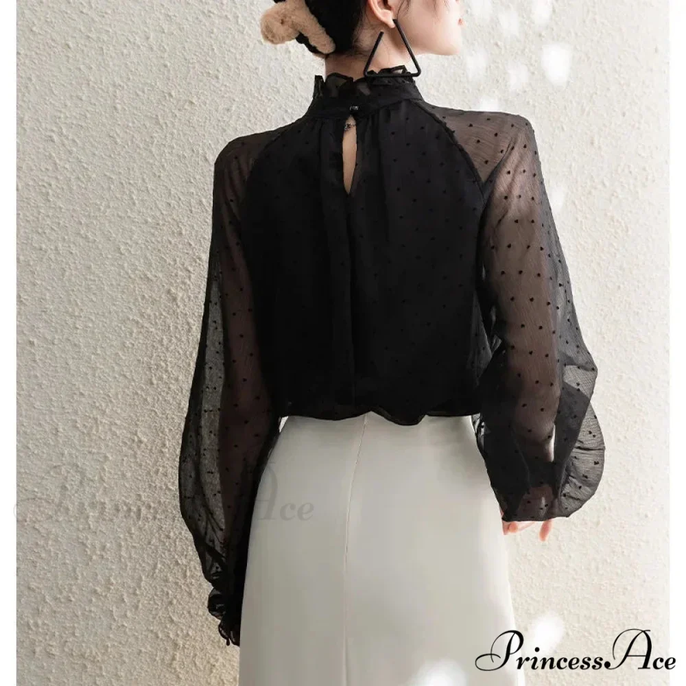 Dotted Chiffon High Neck Fall Blouse - Image 4