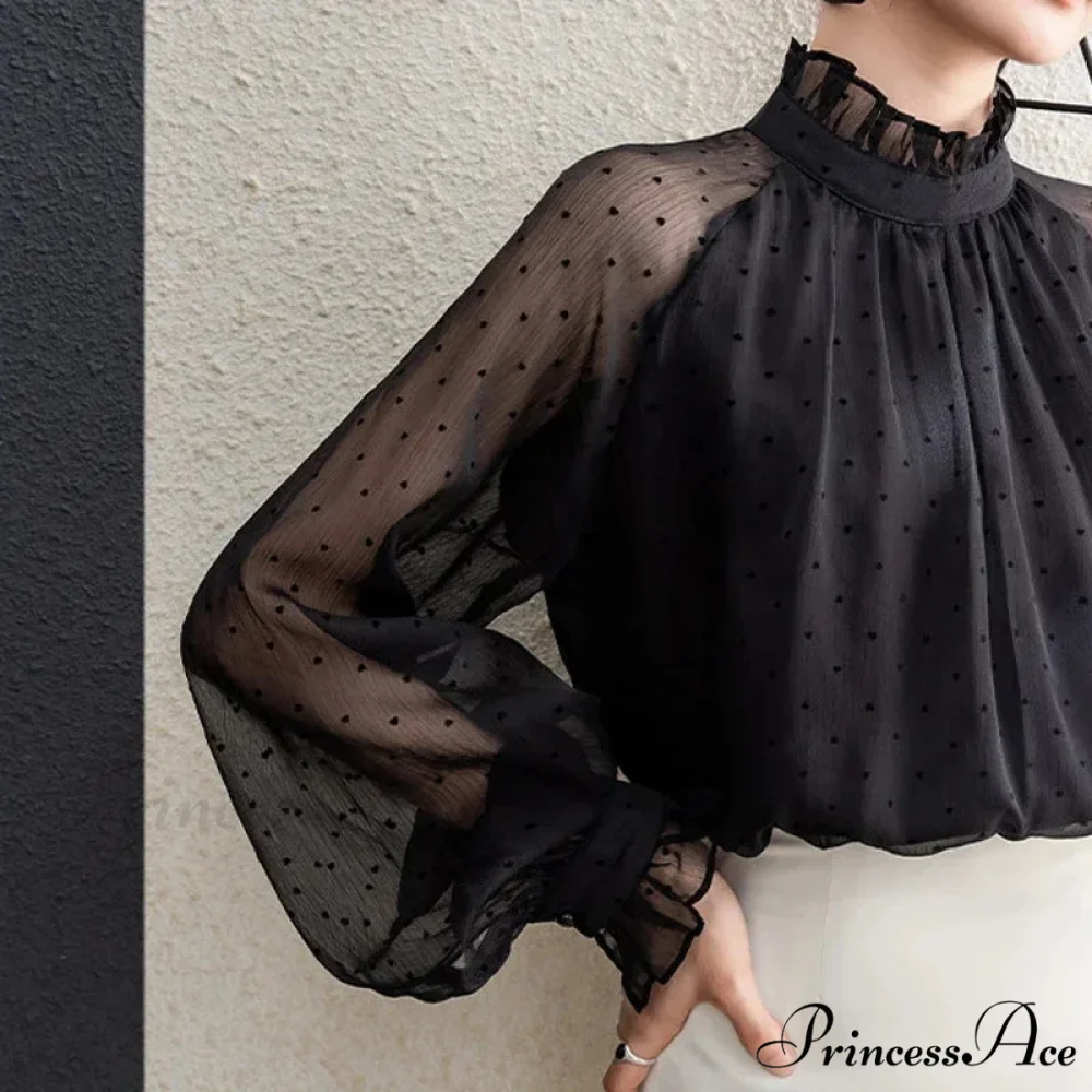 Dotted Chiffon High Neck Fall Blouse - Image 5