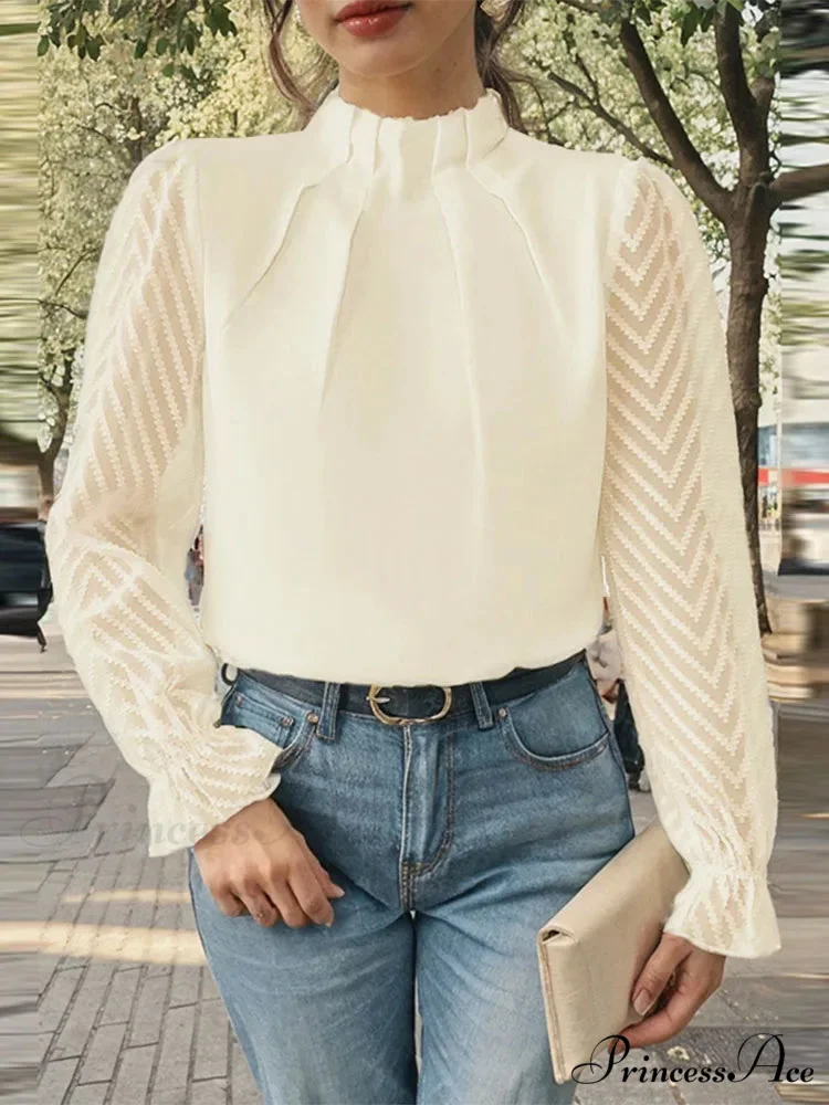 Dotted Folded High Neck Long Sleeve Blouse - Image 2