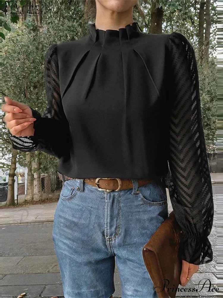 Dotted Folded High Neck Long Sleeve Blouse - Image 3