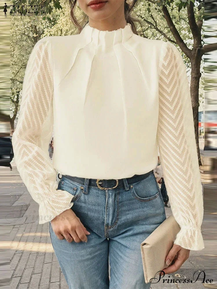 Dotted Folded High Neck Long Sleeve Blouse - Image 4