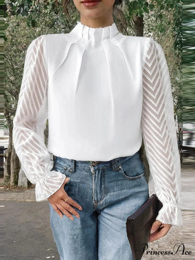 Dotted Folded High Neck Long Sleeve Blouse - Image 5