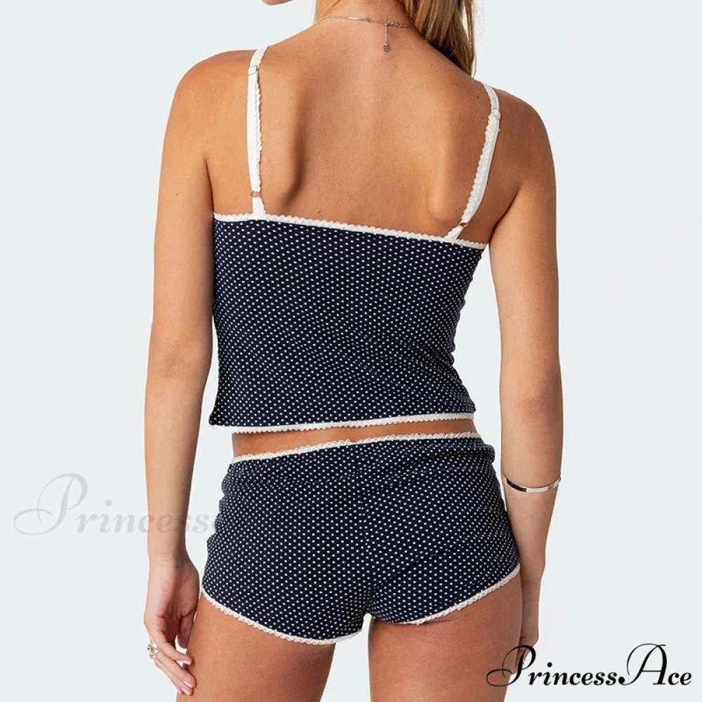 Dotted Lace Trim Camisole Mini Shorts Retro Lounge Two Pieces Set - Image 5