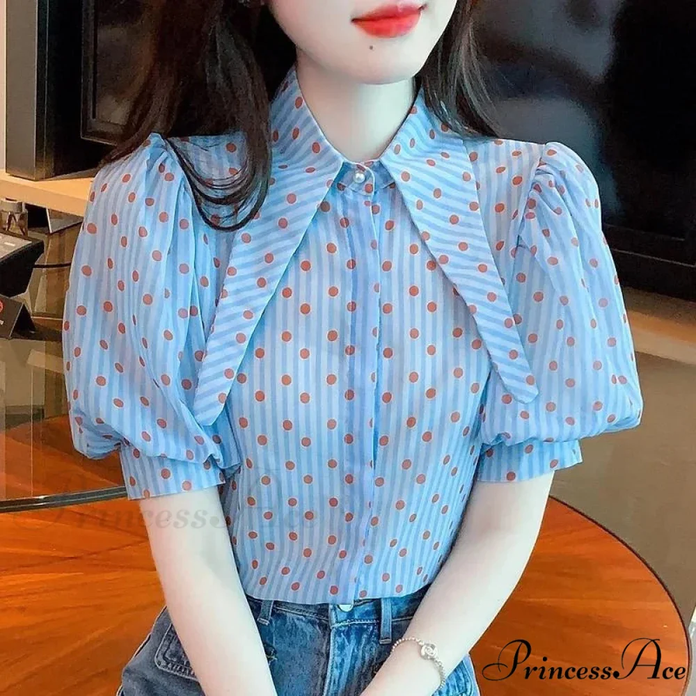 Dotted Pattern Stylish Relaxed Balloon Sleeve Top - Image 2