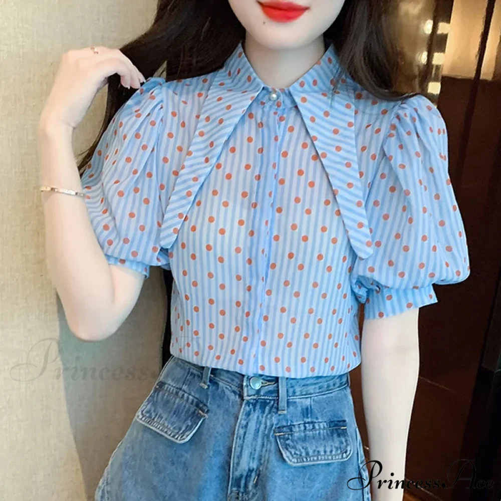 Dotted Pattern Stylish Relaxed Balloon Sleeve Top - Image 3