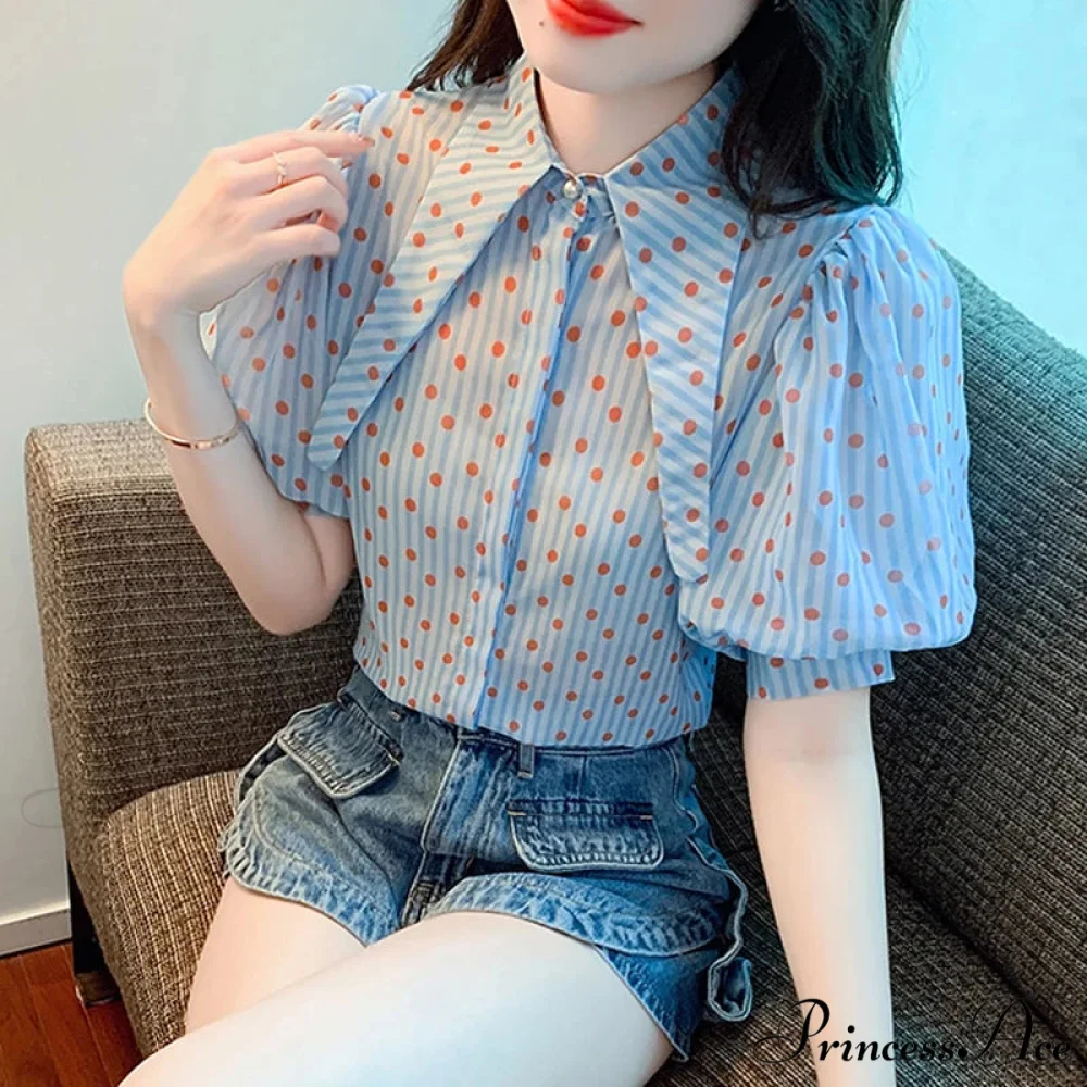 Dotted Pattern Stylish Relaxed Balloon Sleeve Top - Image 5