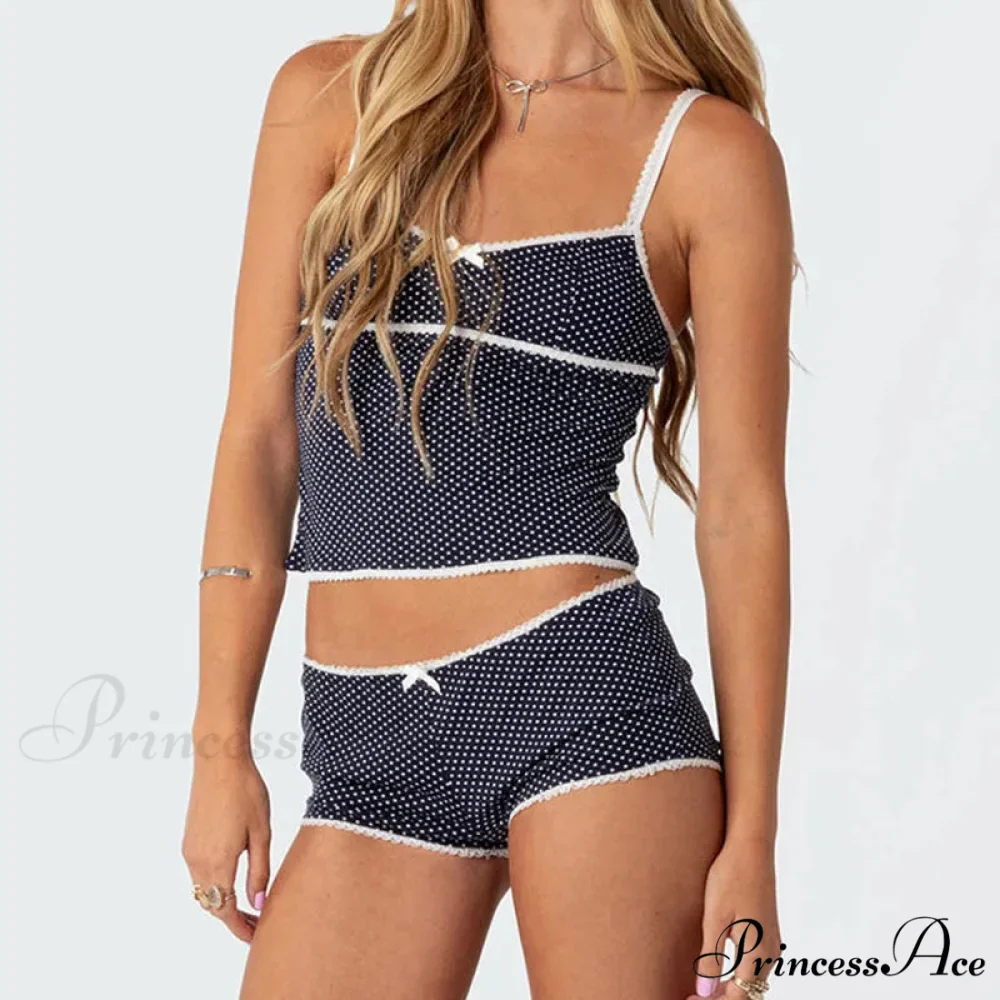 Dotted Retro Crop Tops Mini Shorts Two Pieces Set - Image 2