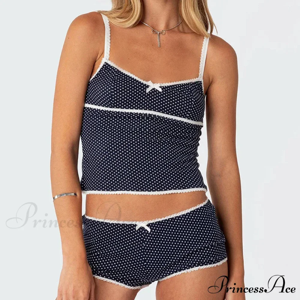 Dotted Retro Crop Tops Mini Shorts Two Pieces Set - Image 3
